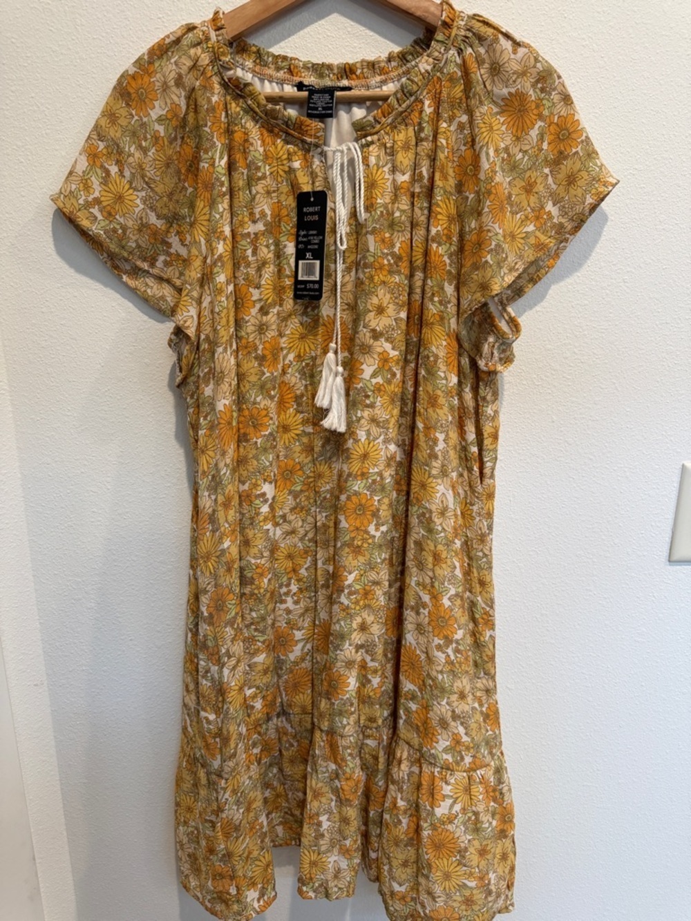 Robert Louis Cream and Yellow Floral Midi Dress with Tassel Tie